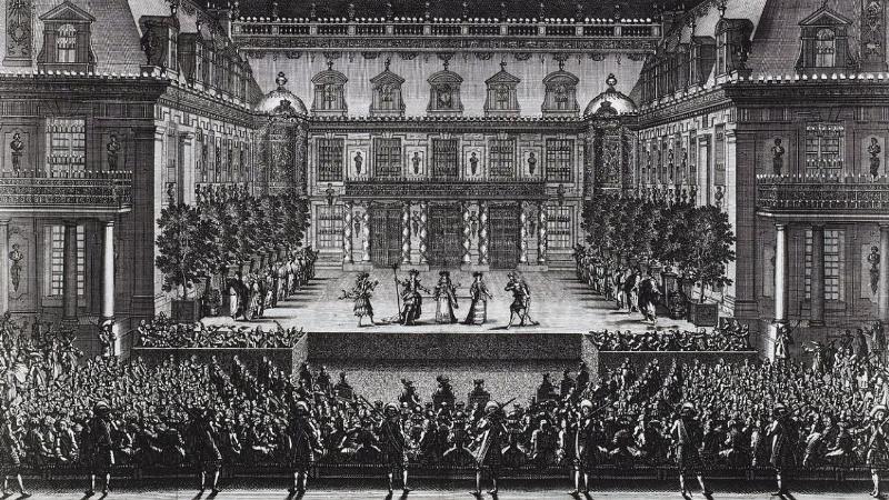 Scene d'opera de Lully avec le roi soleil Louis XIV et des musiciens de l'epoque